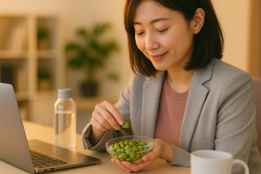仕事帰りの少し疲れた表情の女性が、ノートパソコンのあるデスクでポテチの代わりに小さな器のゆでそら豆をつまんでいる様子